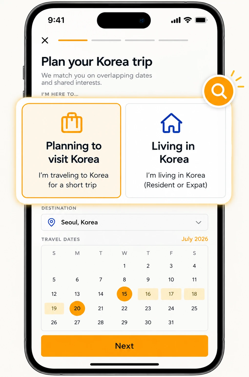 Plan your Korea trip — choose visiting or living in Korea, then pick your dates