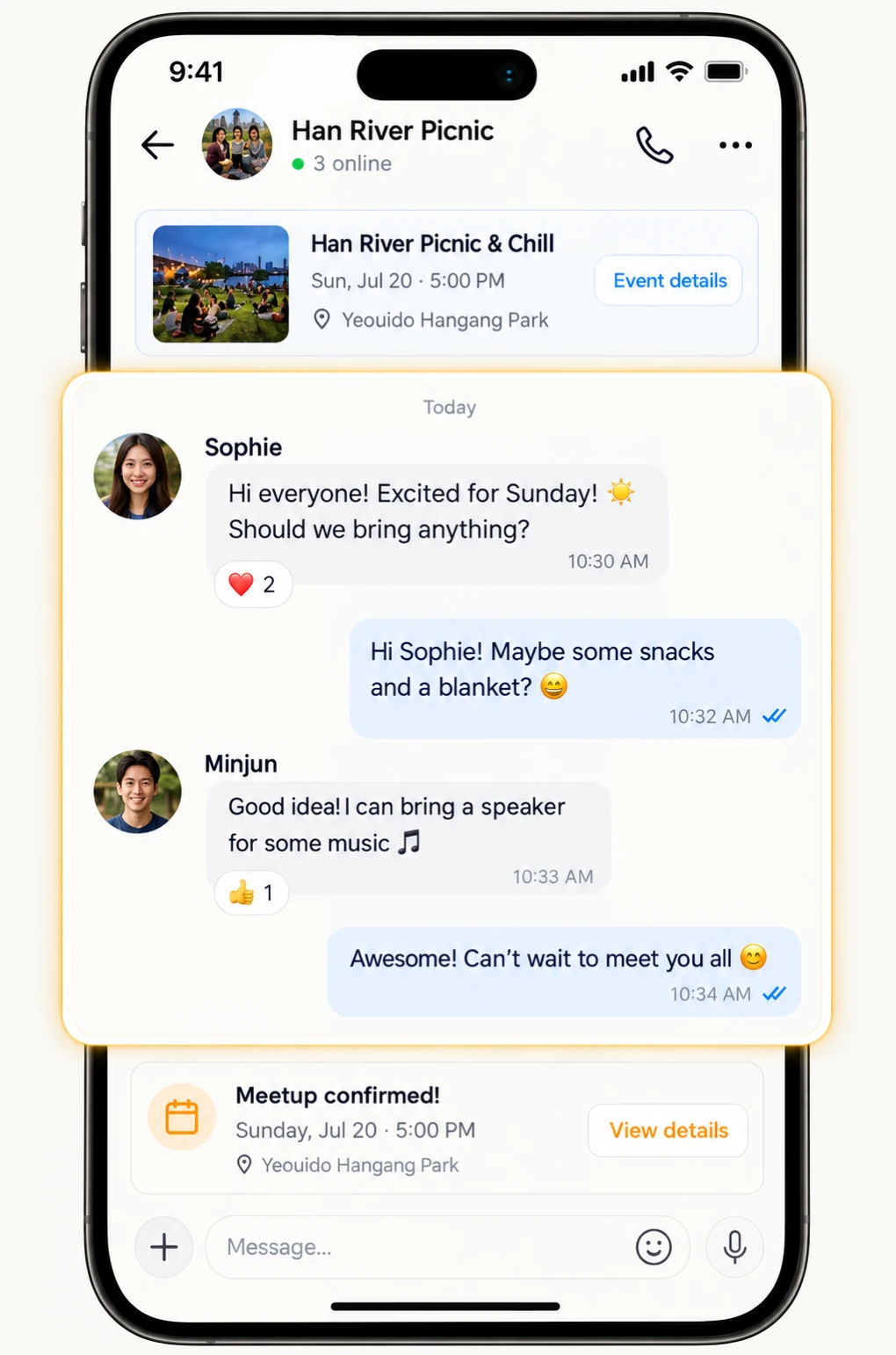 Group chat with everyone joining the Han River picnic before the meetup