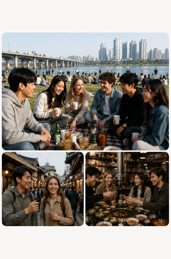 People meeting in person around Korea — picnics, markets, barbecue, and night views
